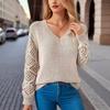 Maglione da donna a V in maglia jacquard con maniche lunghe traforate