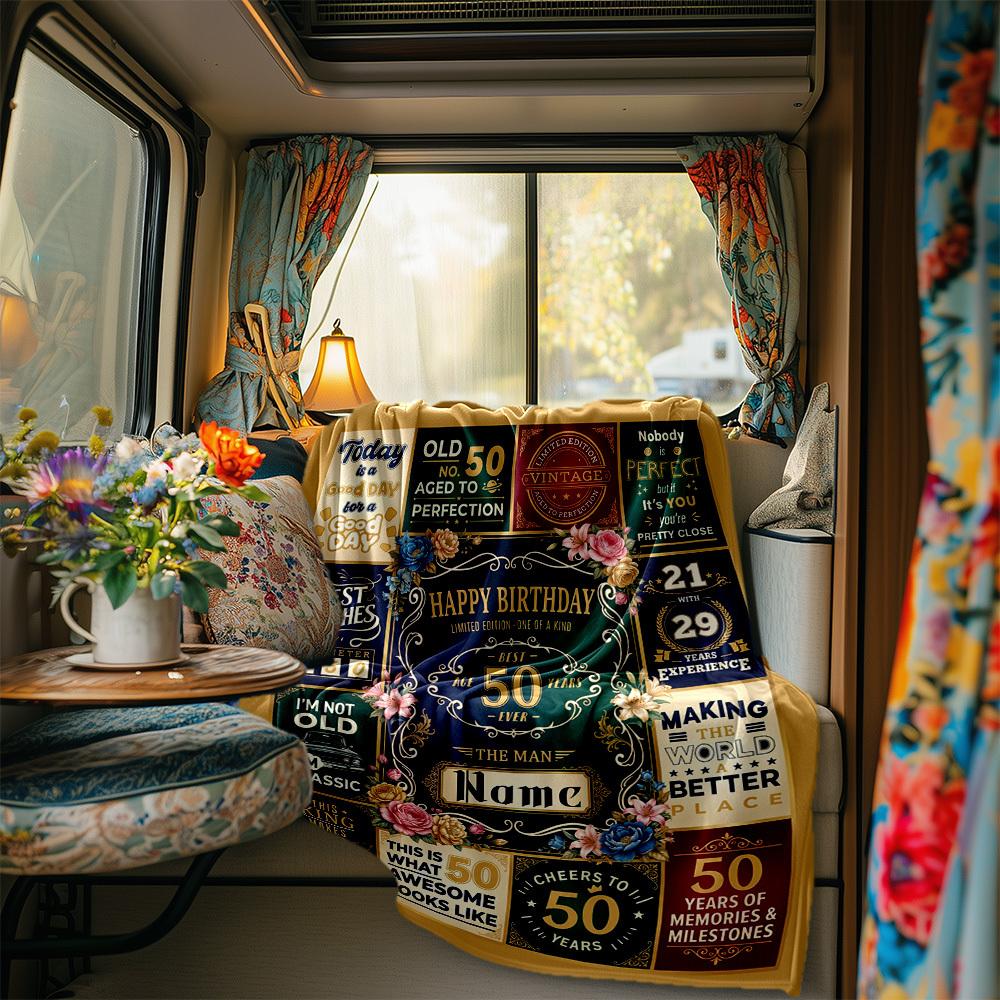 Golden Milestone Celebration Blanket Personalized Name Soft Comfortable Stylish Blanket Car Blanket Perfect For Travel Camping Outdoor Home Suitable