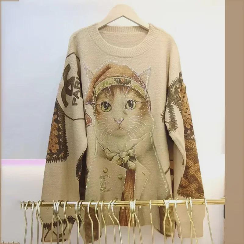 European Women's Diamond Flashing Cat Sweater - 3D Print, Loose Fit, Trendy Plush Top