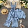 Vacation Style Pleated Wide Leg Jumpsuit Stand Collar Two-Piece Set