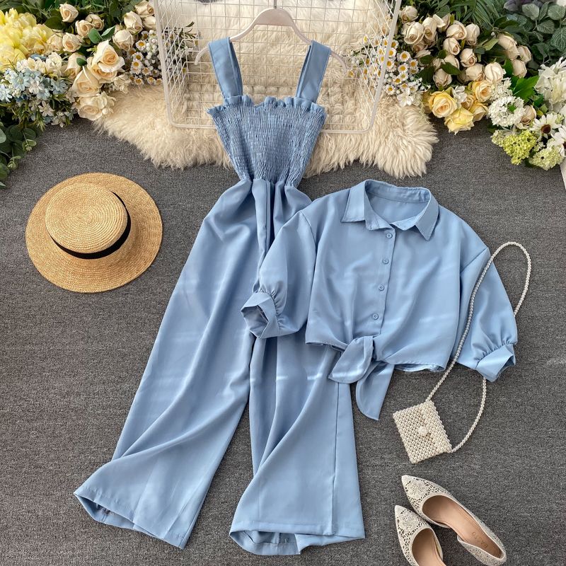 Vacation Style Pleated Wide Leg Jumpsuit Stand Collar Two-Piece Set
