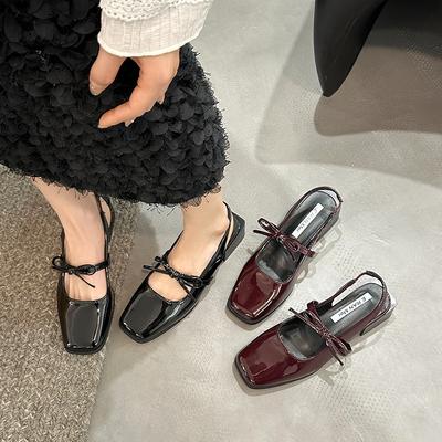 Sommer Damen Schwarz Rot Bootsschuhe Quadratische Zehenpartie Slipper Niedriger Absatz Schuhe für Frau Ballerinas Bequem Schleife Damen Sandalen