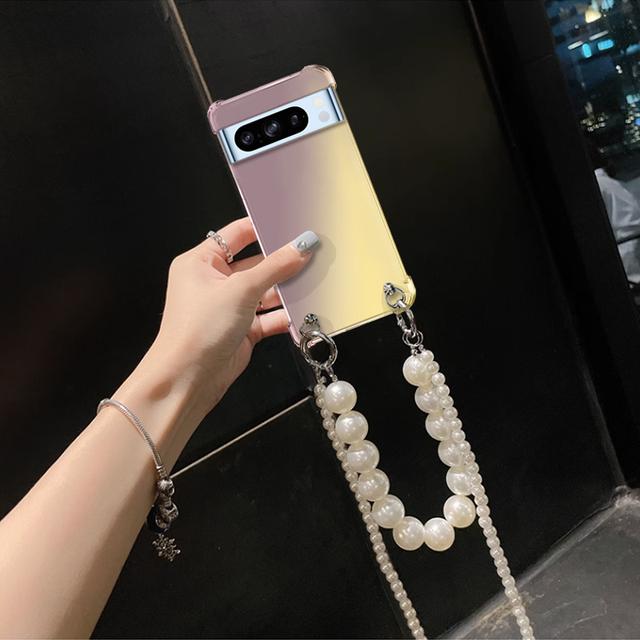 Crossbody Pearl Chain Lanyard Case for Google Pixel 9 Pro XL 9A 8 Pro 8A 7 Pro 7A 6Pro Transparent Gradient Airbag Shockproof Silicone Cover
