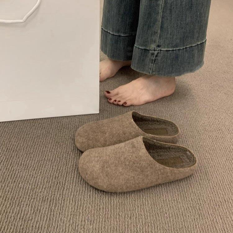 Retro round head felt bag head half slippers wearing cotton shoes lazy one pedal thick-soled velvet Birkenstocks