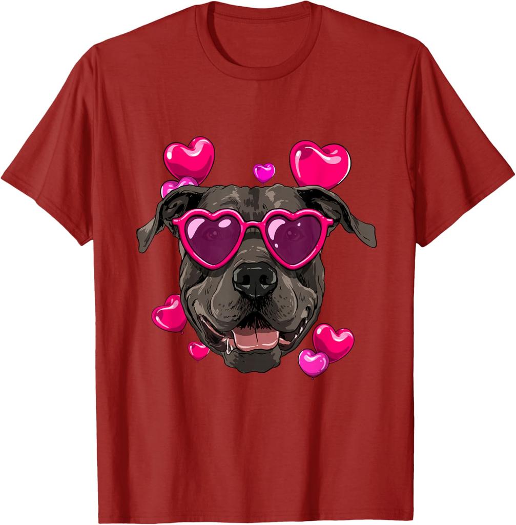 Pit Bull Dog Valentines Day Heart Sunglasses Graphic T-Shirt Soft Cotton Casual Tee