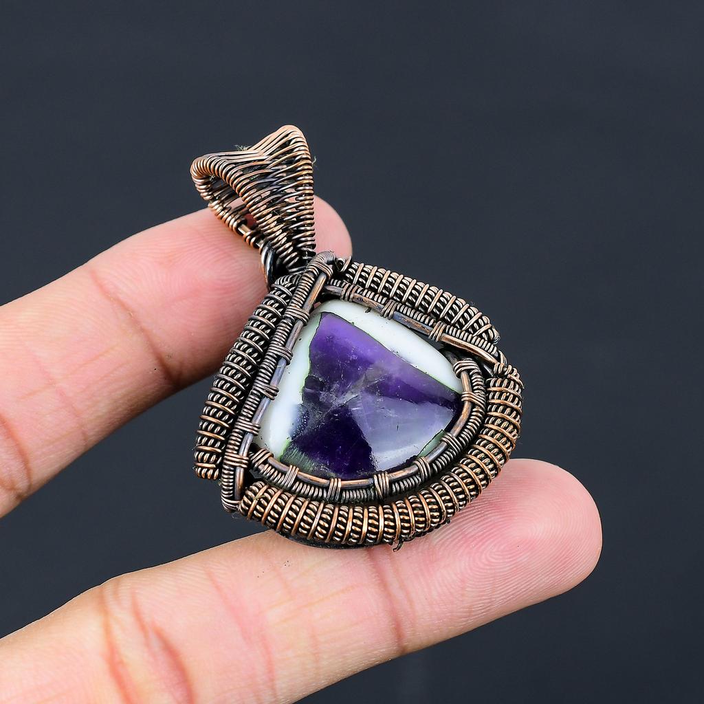 Natural Sage Amethyst Gemstone Handmade Copper Wire Wrap Pendant 2.17" n4T55
