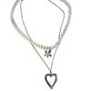 Korean Style Beaded Flower Heart Pendant Necklace - Double Layer, Stackable, Elegant Sweater Chain for Women