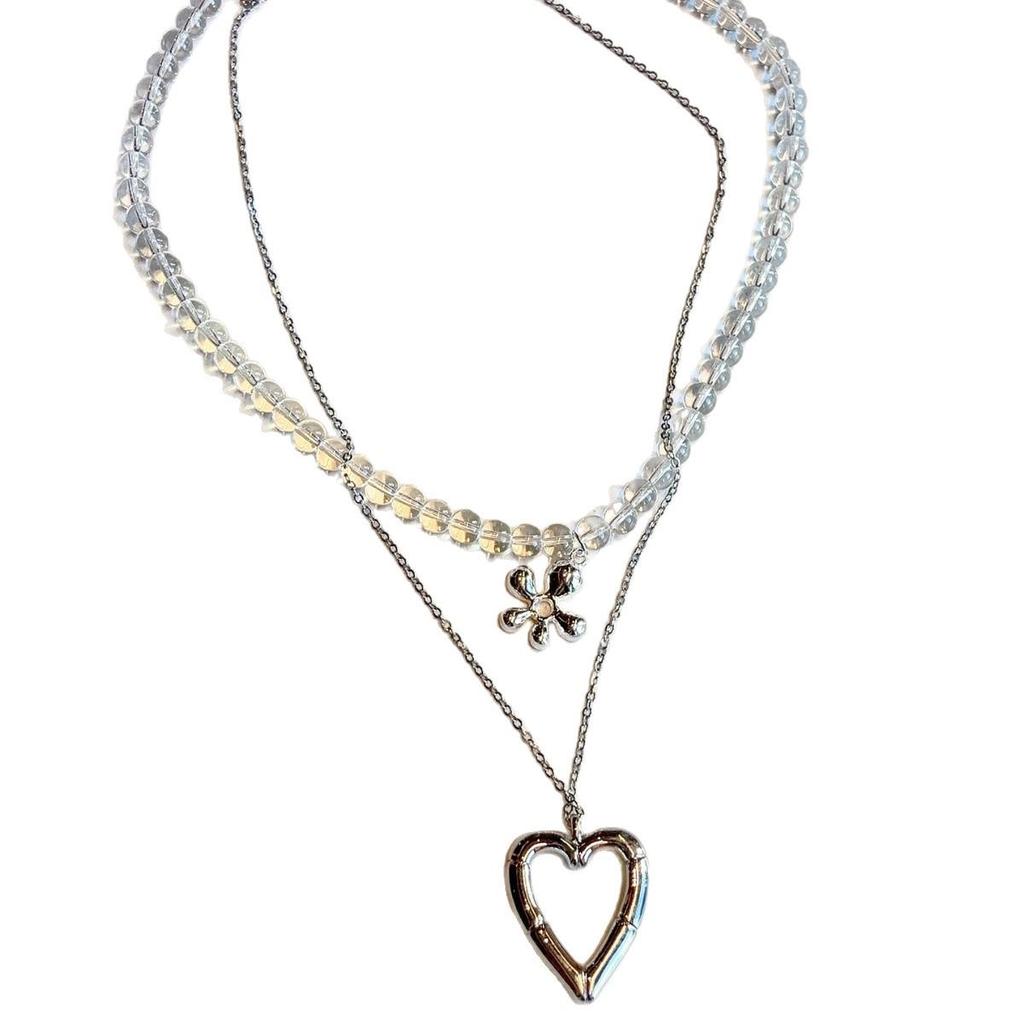 Korean Style Beaded Flower Heart Pendant Necklace - Double Layer, Stackable, Elegant Sweater Chain for Women