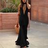 2026 European & American Mesh Patchwork Elegant V-Neck Halter Backless Hip-Hugging Maxi Dress