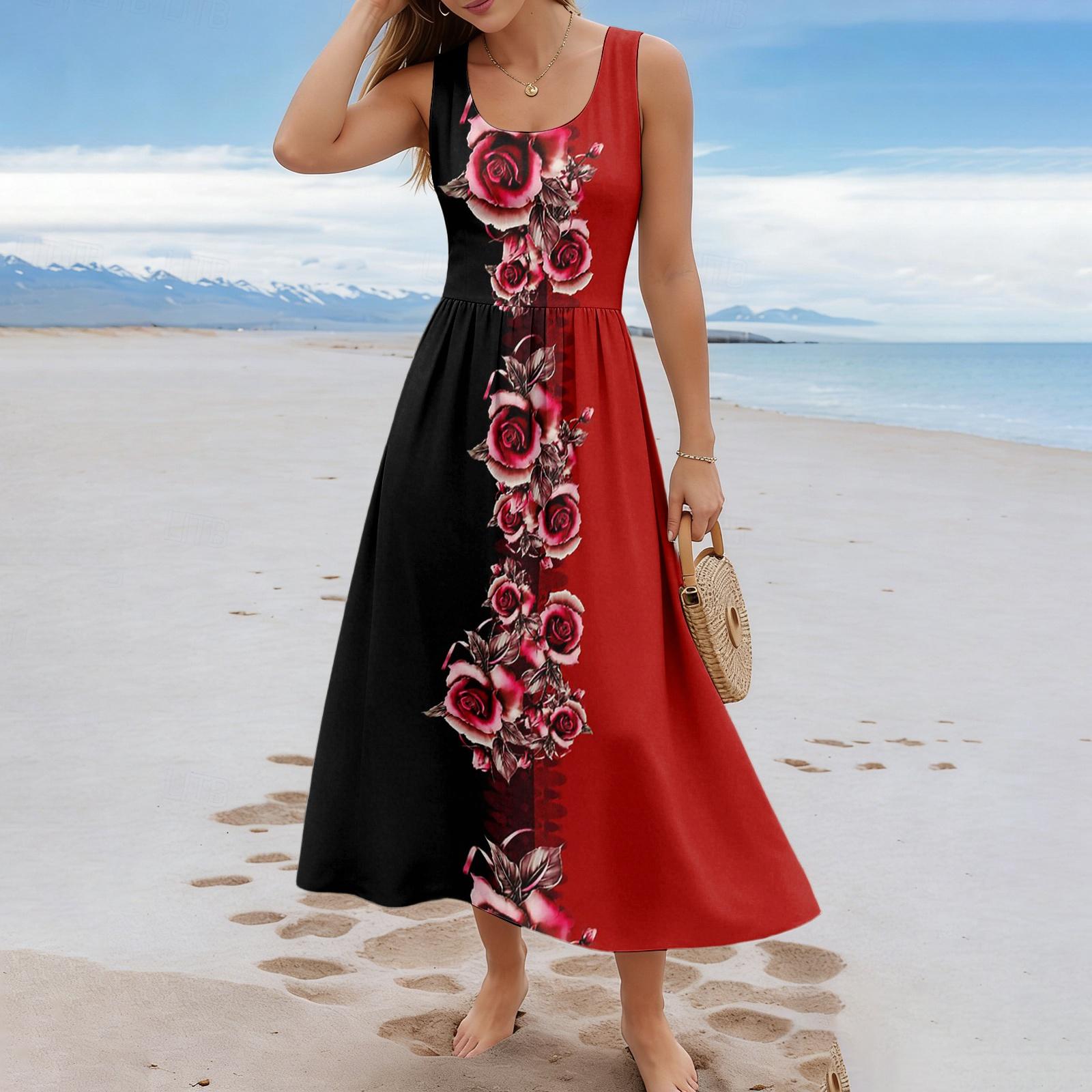 

Ladies floral summer casual and fashionable sleeveless long dress XXXL червоний