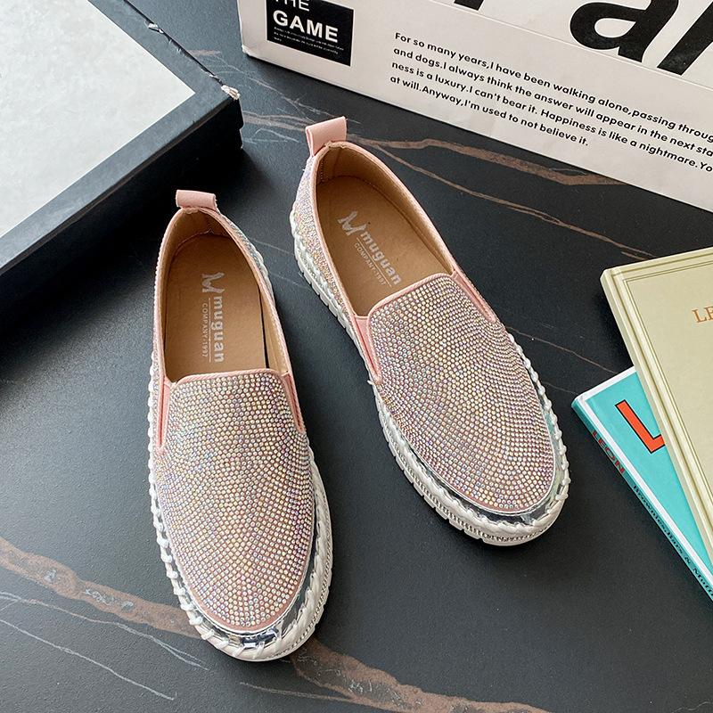 

Muffin single shoes women s 2025 spring new one-pedal platform lazy shoes large size rhinestone Korean version of student casual shoes 40 рожевий