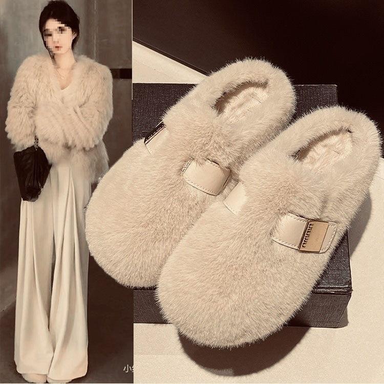 Retro fluffy slippers women's 2025 new autumn and winter soft bottom outer wear crystal plush versatile cotton drag women