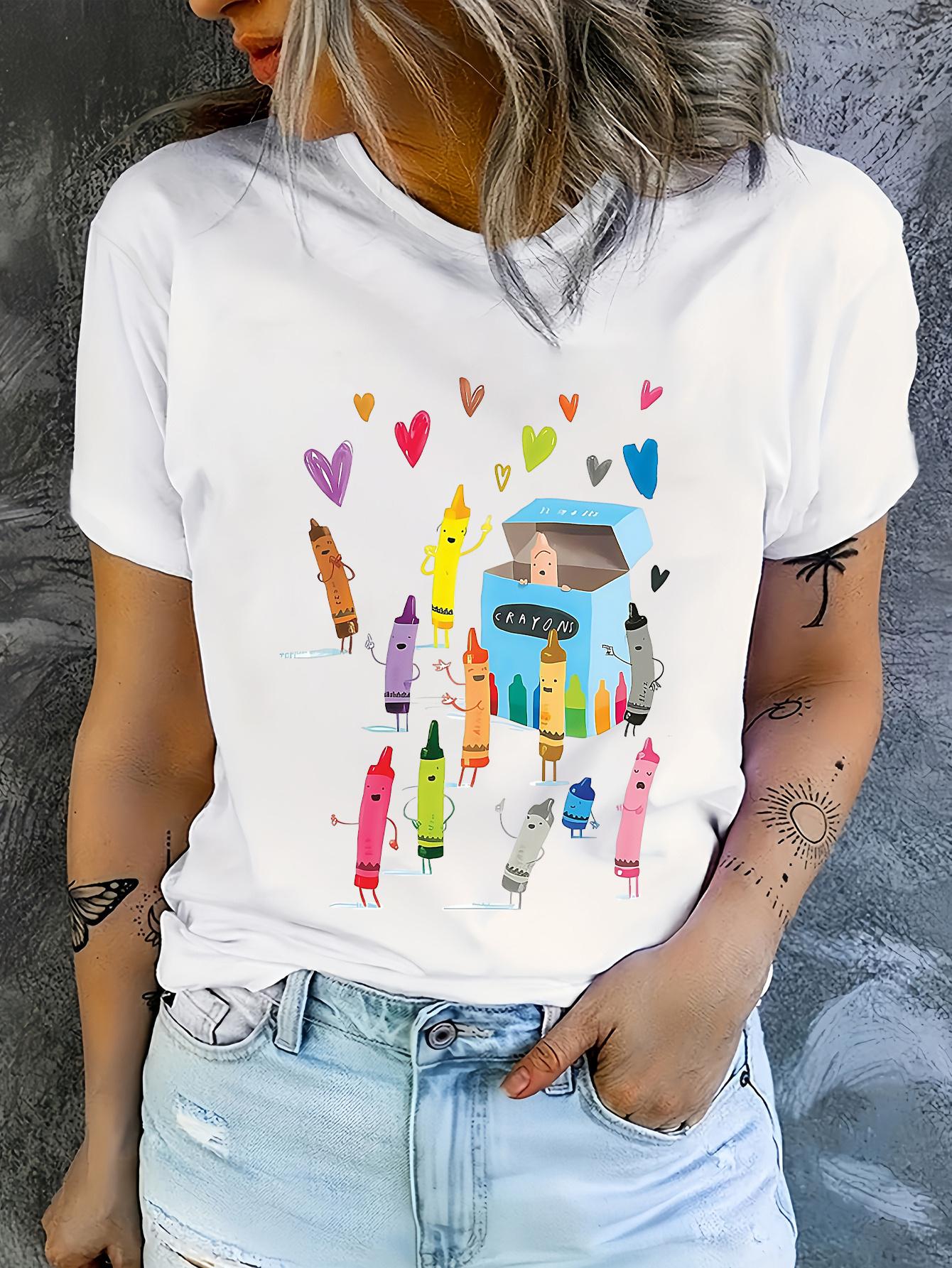 

Women s Cartoon Crayon Print T-Shirt Casual Crew Neck Short Sleeve Top Simple Design Casual Top harajuku Minimalist Style S