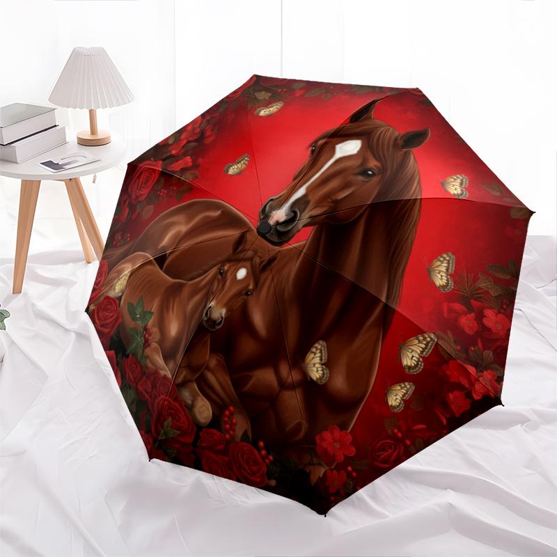 1 PC Automatic Folding Umbrella - Red Rose Horse Pattern, Portable & Foldable Design with 8 Ribs, Christmas Birthday Gifts