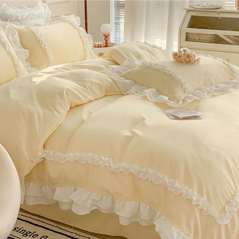 Korean Princess Lolita Bed 4-Piece Set Solid Washed Cotton Breathable Bed Sheet Duvet Cover Bedding Set with Lace