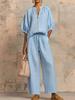 Women's Pink Short Sleeve V-Neck Zipper Front Drawstring Waist Wide Leg Pants Set