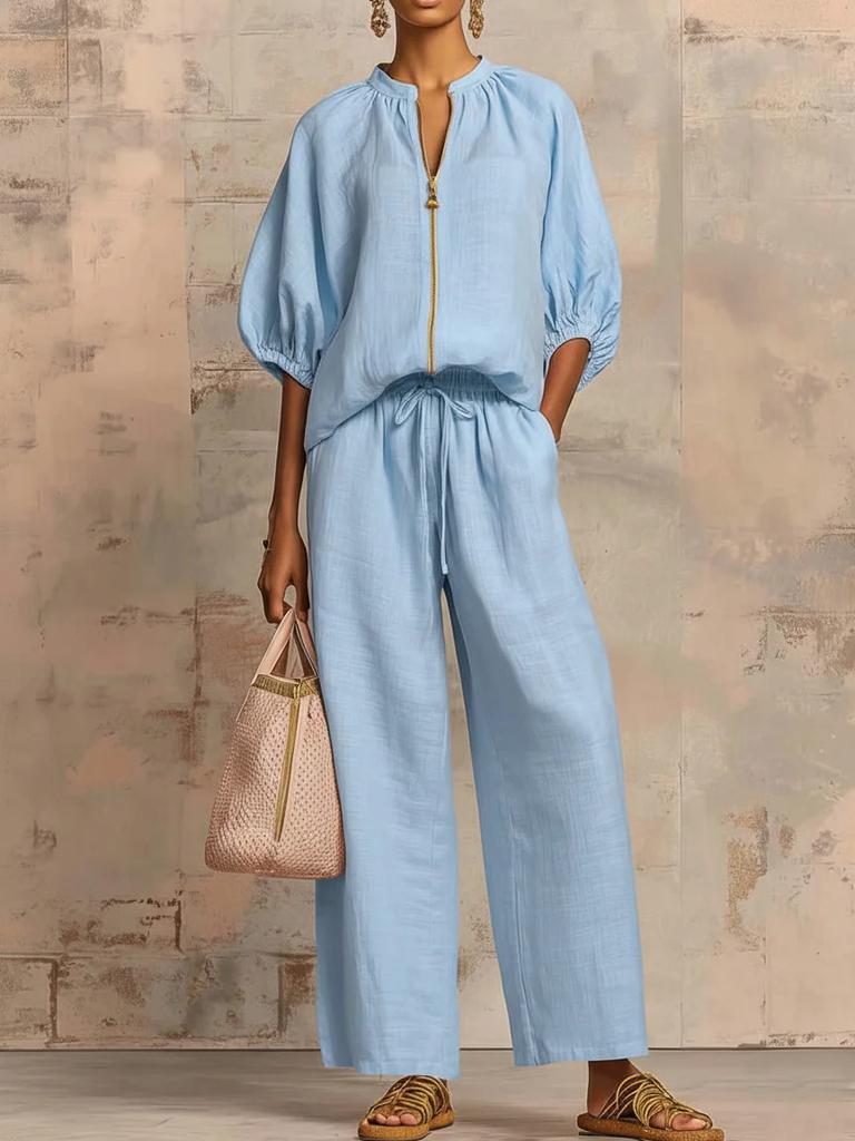 Women's Pink Short Sleeve V-Neck Zipper Front Drawstring Waist Wide Leg Pants Set