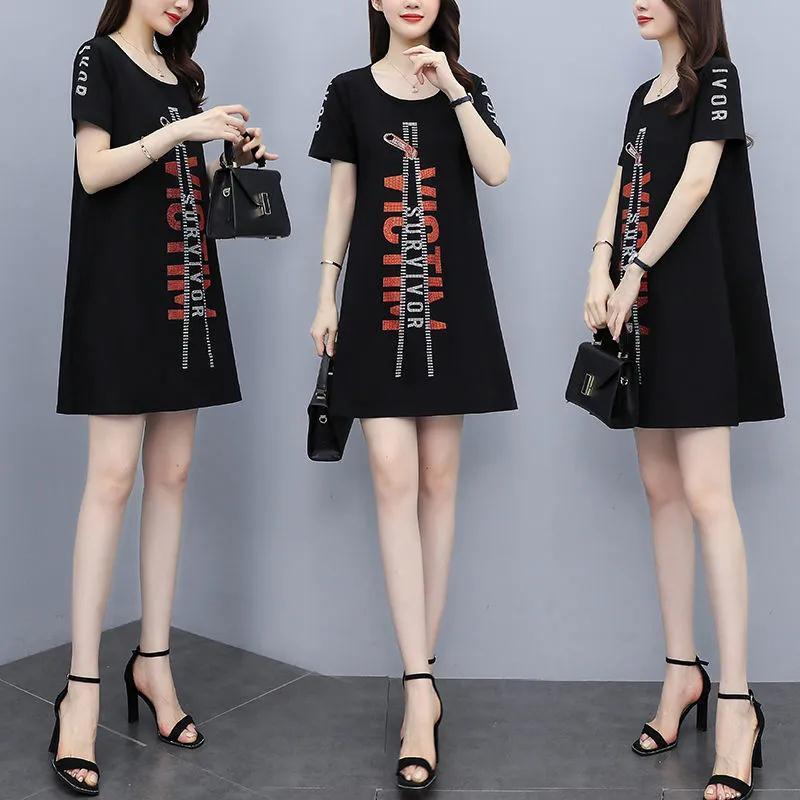 Casual Fashion Printed Midi Dress Summer Short Sleeve All-match Women's Clothing Round Neck Korean Loose A-Line Waist Dresses