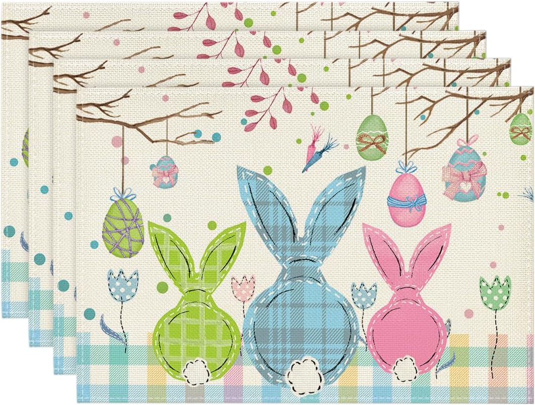 

Buffalo Plaid Bunny Egg Carrot Easter Placemats Set of 4, 12x18 Inch Seasonal Spring Table Mats for Party Kitchen Dining Decoration 4Pcs