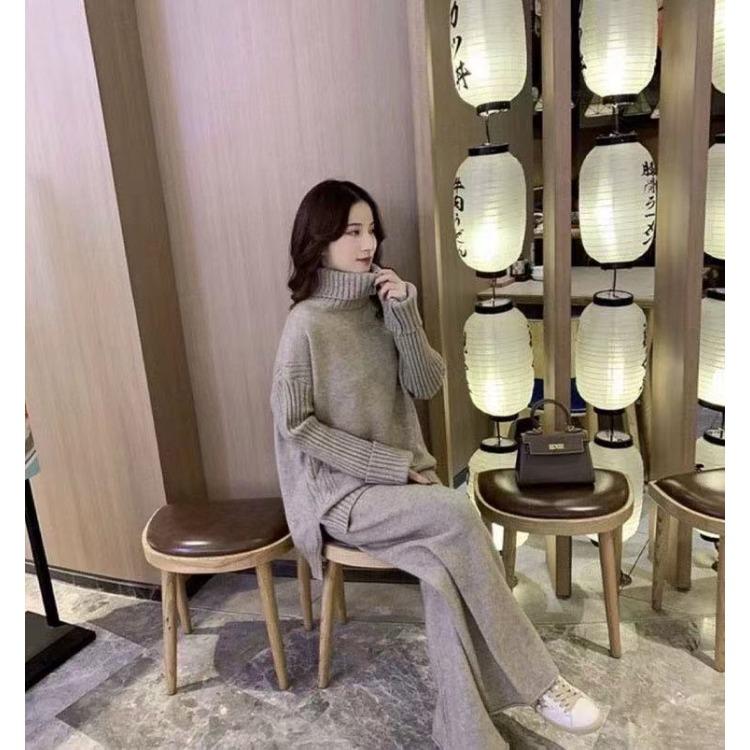 Podzim Zima Volný Ležérní Svetr Kalhoty se Širokými Nohavicemi Dvoudílný Set Ženy Líný Styl Hong Kongská Móda