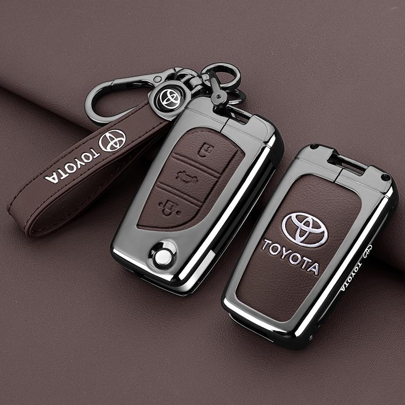 APQ4   Metal Leather Flip Car Key Fob Case Cover Keychain Ring For Toyota CHR C-HR Corolla Hatchback Sedan RAV4 LE Camry SE Hilux