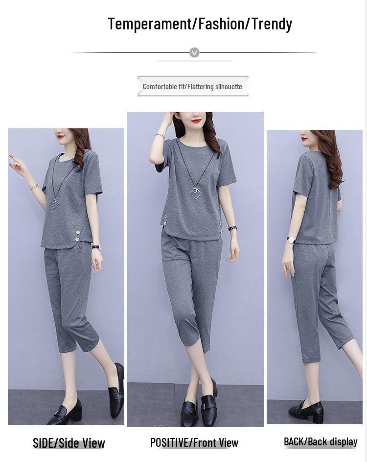 Trendy Plus Size Women's Summer Two-Piece Suit: Short-Sleeved T-Shirt & Cropped Pants