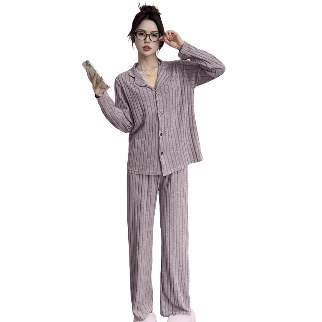 Narebualo Cietupoop Lapel Front Striped Sanded Long Loose Solid Sleepwear for and Winter Women's V-Neck Pajamas, Button-Up Opening, Print, Sleeves,