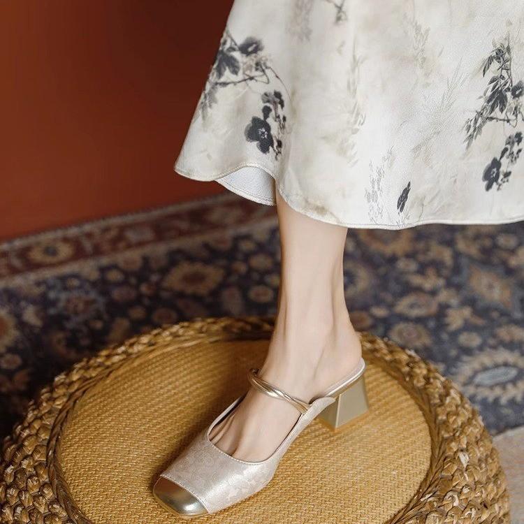 New Chinese style Mary Jane slippers women's 2025 new printed bag head slippers summer one-word with outer slippers