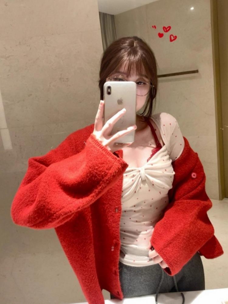 260g Cotton Modal Polka Dot Square Neck Lace-Up Bow Long Sleeve Slimming Top