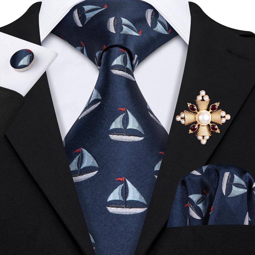 Pearl Brooch with Silk Tie for Men Vintage Floral Teal Necktie Hanky Cufflinks Gift Formal Set