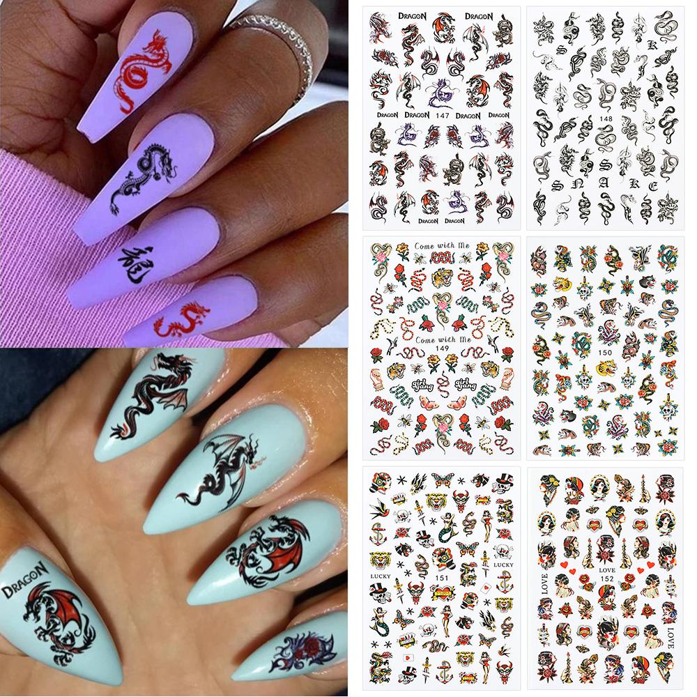 Nails Art Decoration Slider Chinese Nail Stickers 3D Black Gothic Style Dragon Snake
