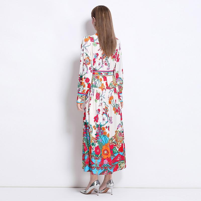Spring Autumn Women Plus Size Print Designer Runway Dress Oversized Loose Single Breasted Long Maxi Lace-up Holiday Beach Dress
