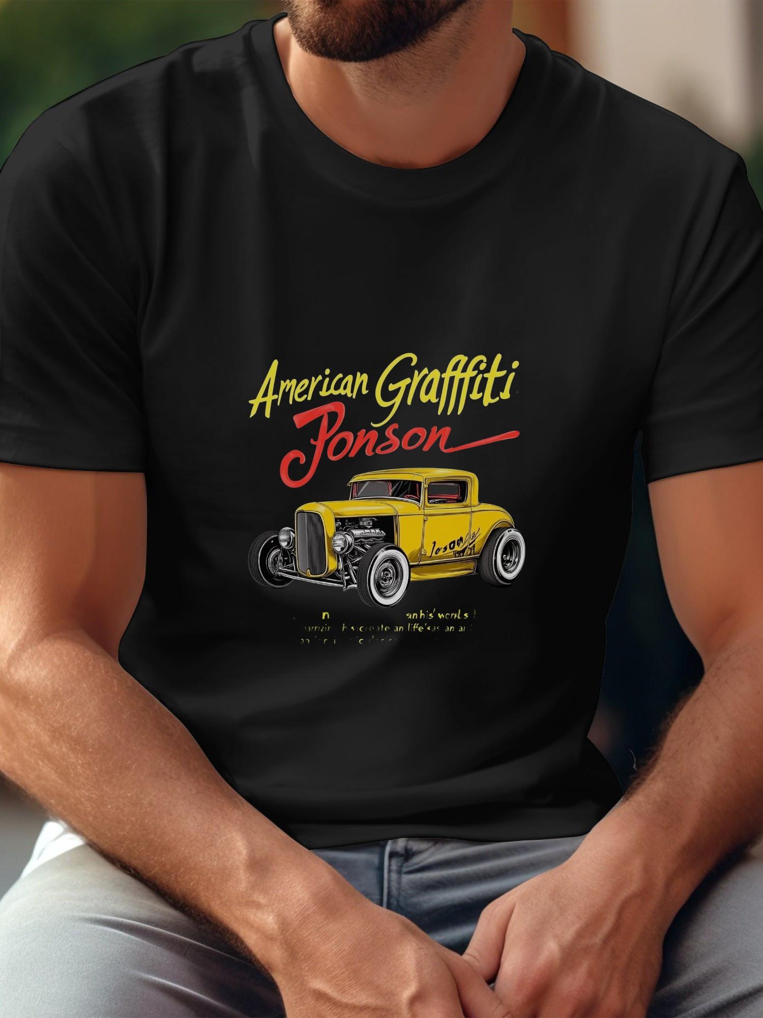 1pc American Graffiti Vintage Car Graphic T-shirt - Black 180g Cotton Crew Neck Short Sleeve Tee with Retro Movie Design M
