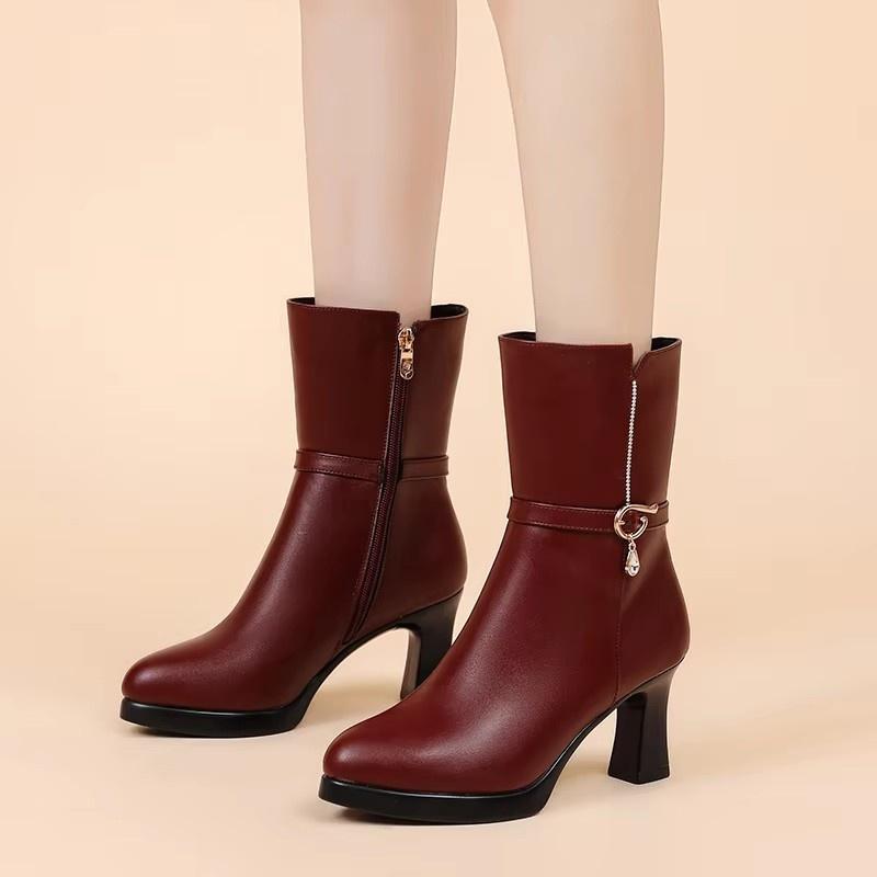 7.5cm 9.5cm Elegant Comfortable Soft Leather Boots Winter Shoes 2025 Women's Block High Heels Warm Plush Mid Calf Boots for Mom