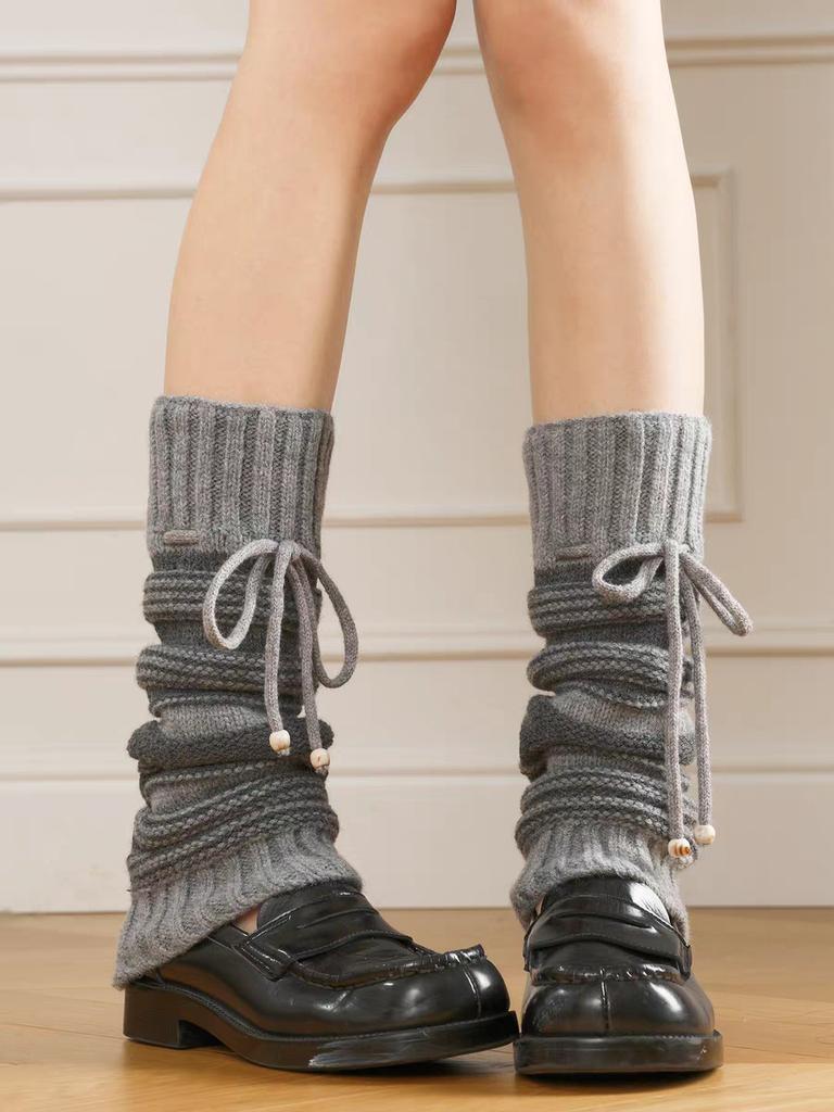 Retro Striped Knitted Stacking Socks Autumn And Winter New Thickened Warm And Comfortable Wool Straps Bow Tube Socks