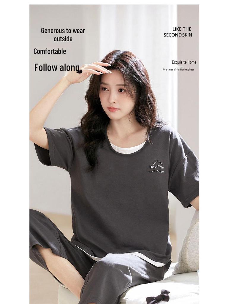 Damen Sommer 2025 Cartoon Capri Pyjama - Kurzärmelig, Reine Baumwolle, Rundhalsausschnitt, Dünn, Draußen oder Drinnen zu tragen