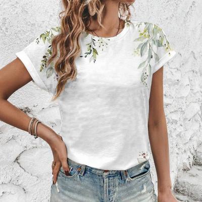 Γυναικείο Pure White T-shirt Artistic Flower Pattern Print T-shirt Fashion Printing T-shirt Κομψό γυναικείο κοντομάνικο μπλουζάκι