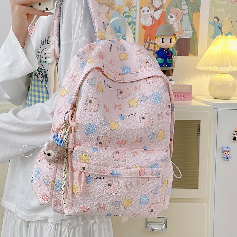 Cute Bow Star Elephant Apple Pattern Student Backpack With Plush Pendant For Middle School Students