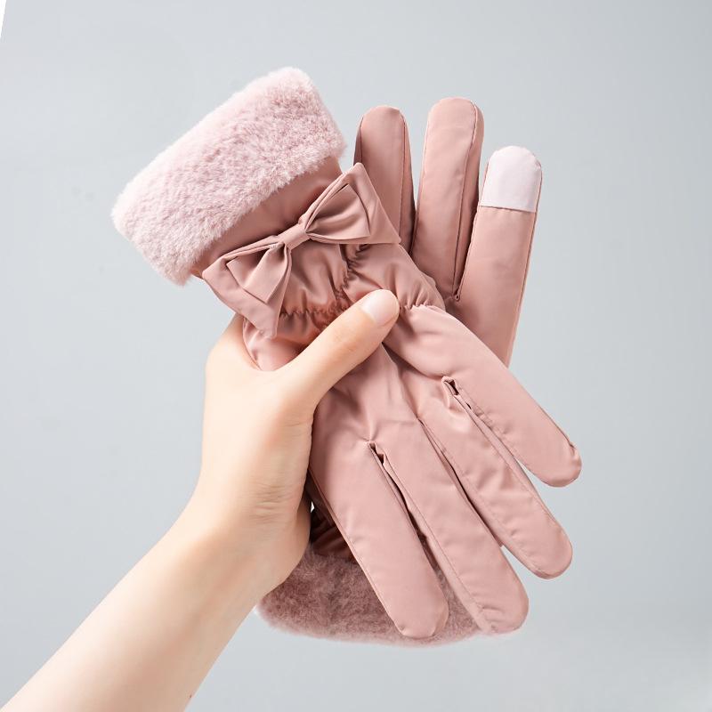 Women's Winter Skiing Gloves with Cute Bows  Thickened Fleece Windproof and Cold-proof Outdoor Cycling Touch Screen Gloves