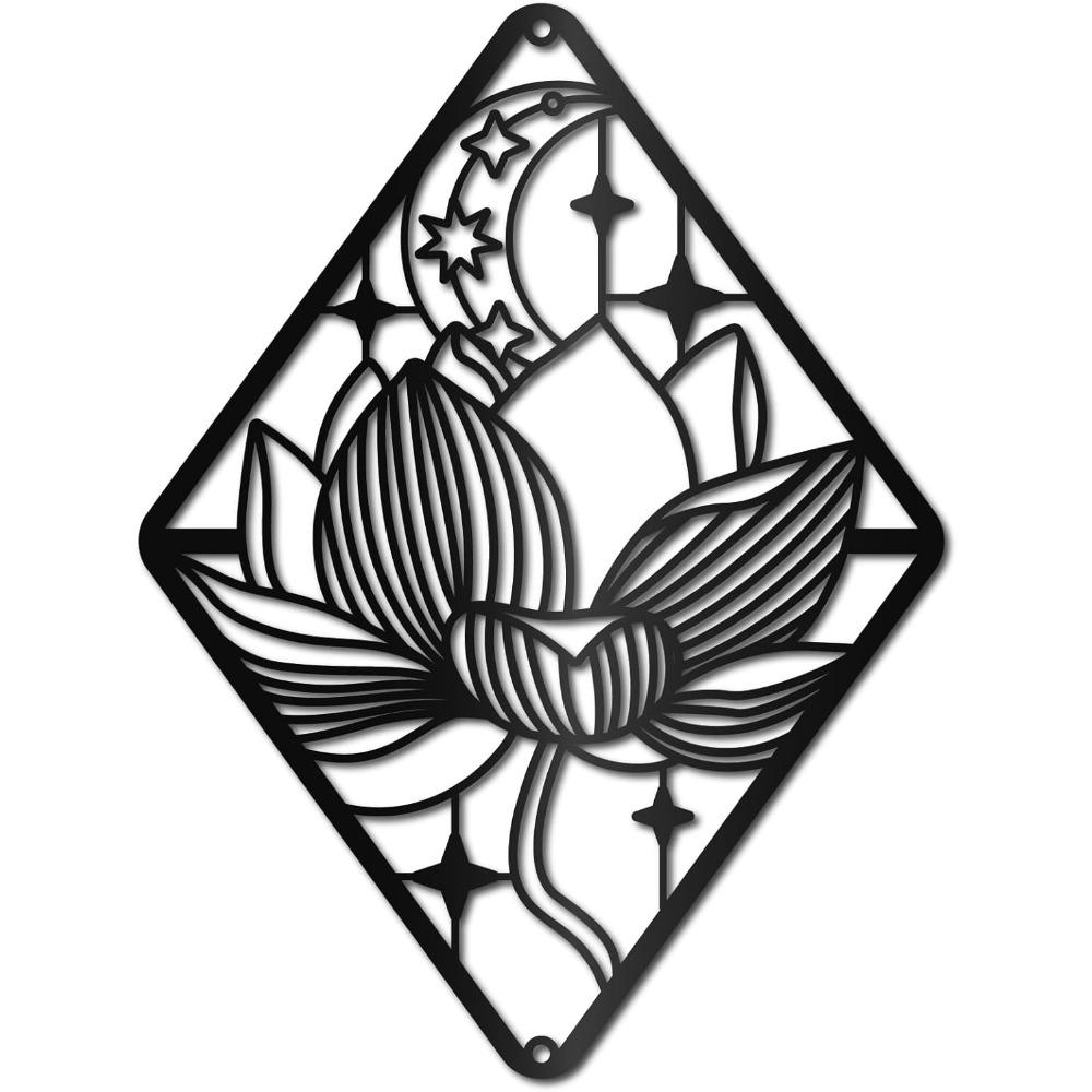 Schwarze Metall Lotus Wandkunst Hohlblumen Skulptur Mond Mandala Schild Hängende Dekoration Für Meditation Schlafzimmer Garten Hotel 11,8x8,8 Zoll