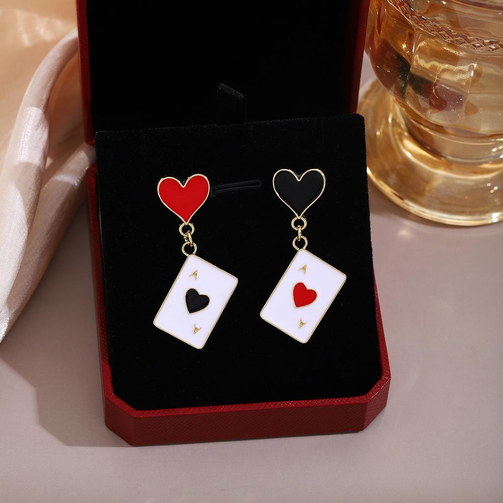Oil Drop Heart Spade Playing Card Earrings, Light Luxury Design Sense Asymmetrical Personality Fashion Earrings