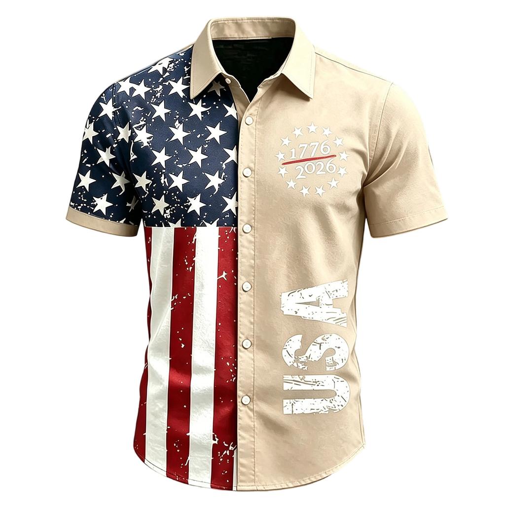 Men's Short Sleeve Collared Casual Shirt with USA Letter Print and Independence Day Theme Button Down Design for Spring Summer