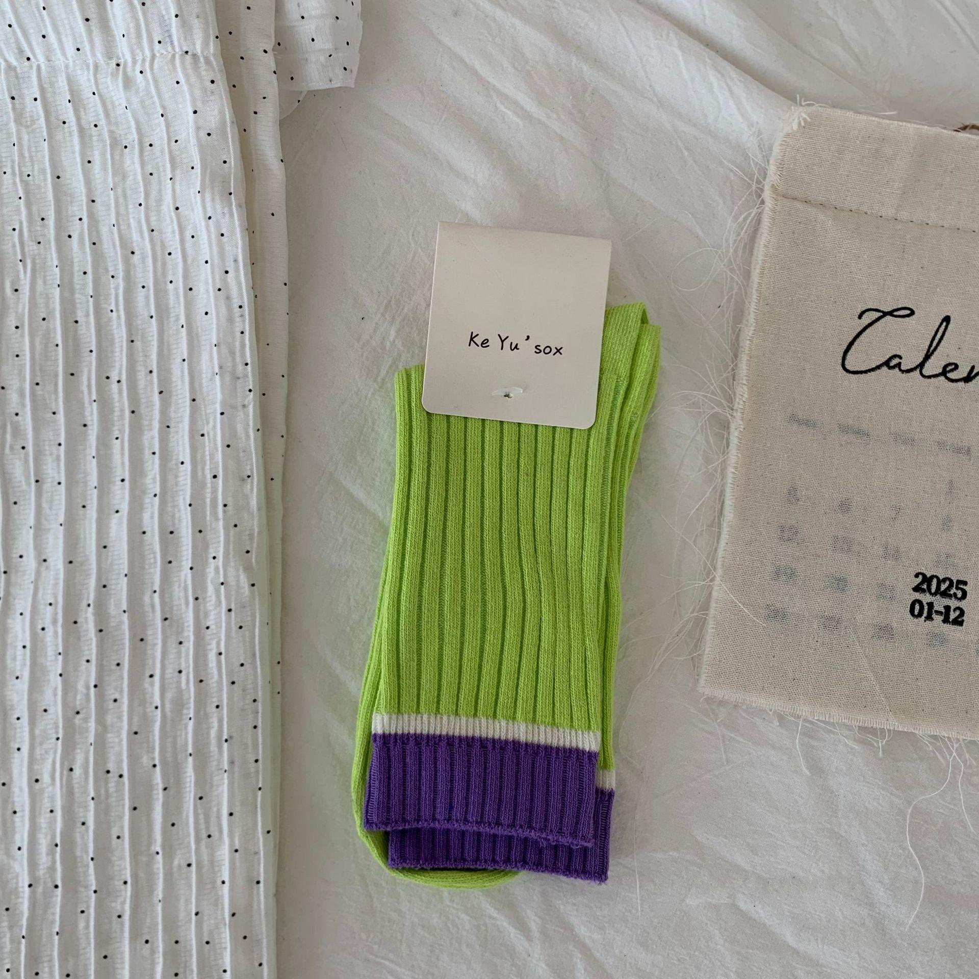 

Candy-Colored Double-Needle Color-Blocked Socks Trendy Korean Internet Celebrity Style Sporty Style Small Fresh Mid-Leg Cotton Socks Stacked Socks One size fits all зелений