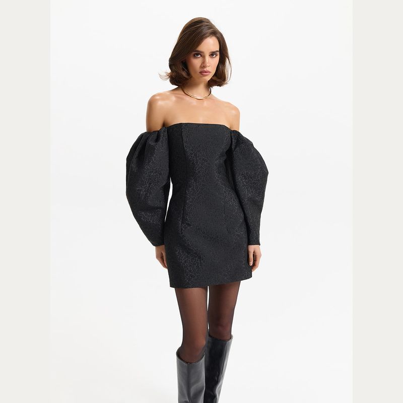 

Return Rate 100% Romantic and Chic Short Jacquard Puff sleeve off-the-Shoulder Dress Black 44