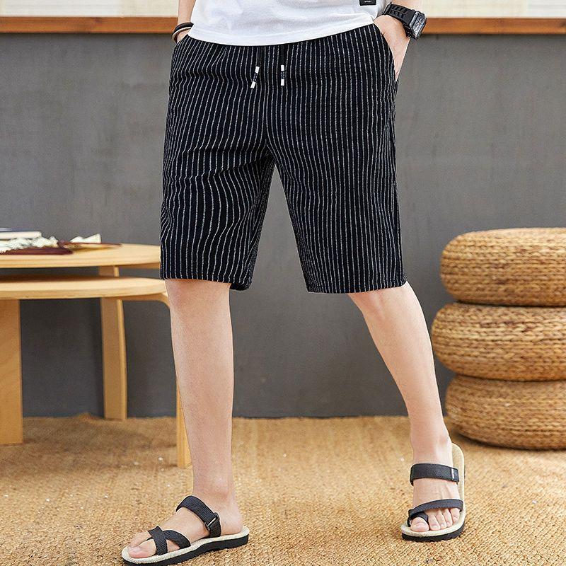 Summer Men's Five Point Pants Striped Shorts Men's Loose Short Pants Elastic Waist Sweatpants Home Pants Plus Size