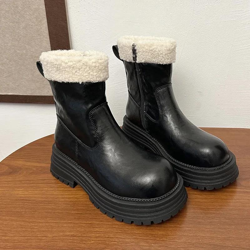 Winter Women Warm Plush Snow Boots Fashion Back Zippers Short Booties Concise Thick Heel Women's Cotton Shoes