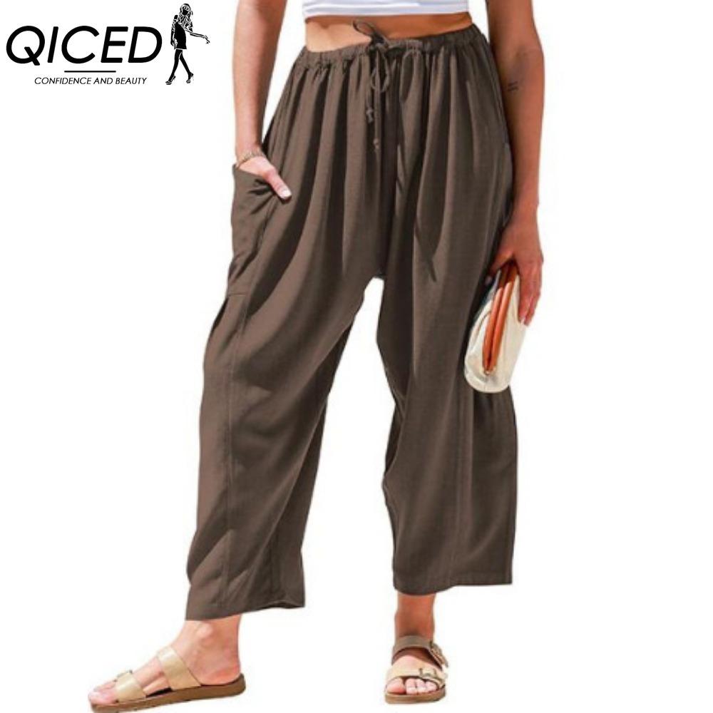 

QICED Женские модные повседневные однотонные брюки и капри с принтом и высокой талией XXXL кокосовый