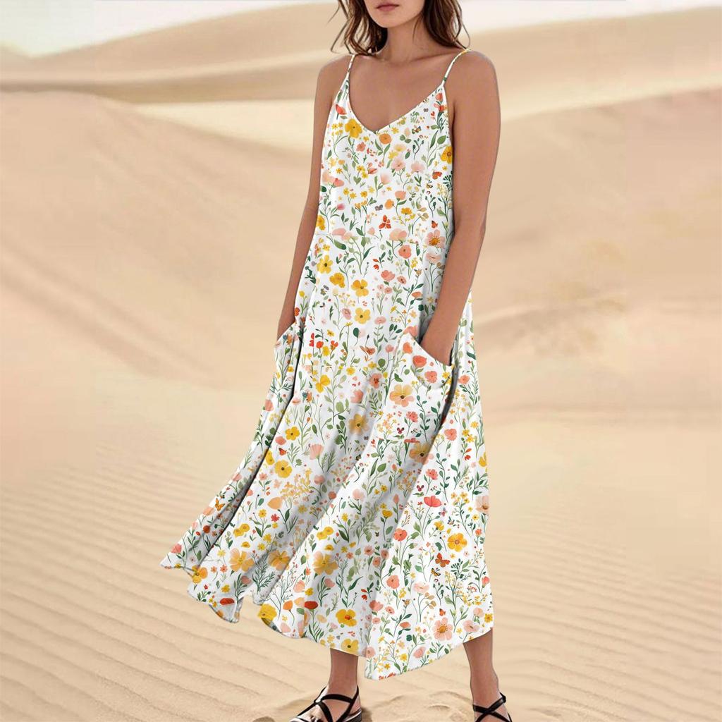 Women's Casual V Neck Floral Print Sleeveless Pocket Suspender Dress