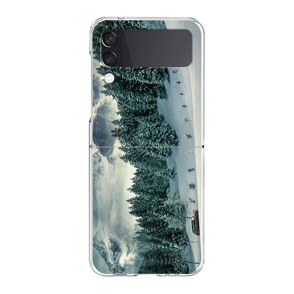 Winter Nature Snow Travel Art Phone Case For Samsung Galaxy Z Flip 3 4 5 Hard Folding PC Shell For Samsung Z Flip3 Clear Cover