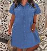 Women's Turn Down Collar Short Sleeve Midi Denim Dress Loose Fit Single Breasted Chest Pocket Solid Jean Shirt Dress Vintage Summer Casual Tunic Dress